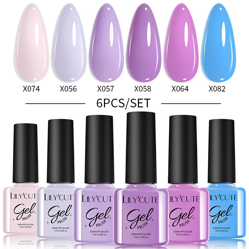 LILYCUE 6Pcs/Set Red Nude Glitter Gel Nail Polish Gorgeous Full Coverage Soak Off UV Gel Nail Art Base Top Coat Gel Polish Kits