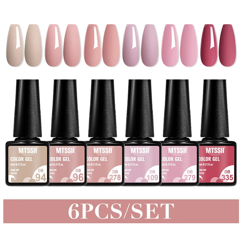Mtssii 6PCS/Set Sparkly Nude Pink Gel Nail Polish Glitter Semi Permanent Nail Art LED UV Soak Off Gel Varnish Nail Supplies