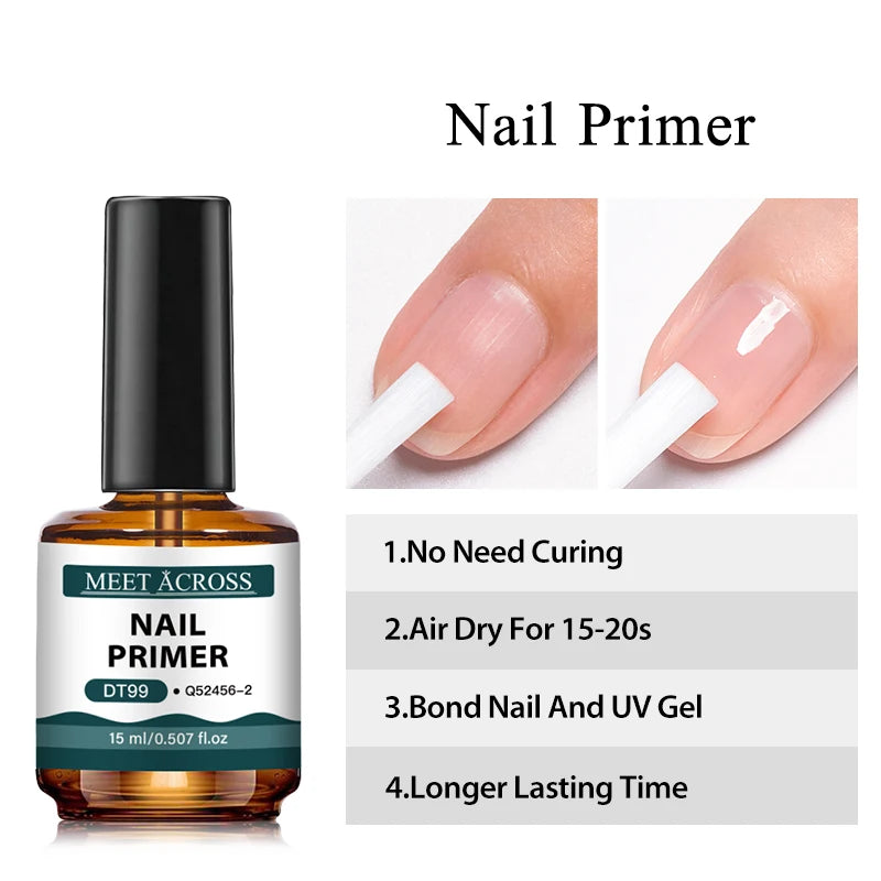 MEET ACROSS 15ml Glass Bottle Nail Primer Nail Prep Dehydrator Nail Polish Long Lasting Air Dry Semi Permanent Nail Art Varnish