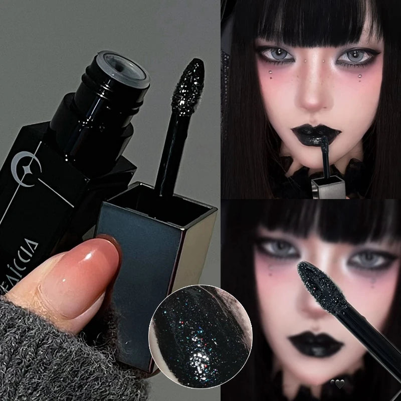 Gothic Matte Black Liquid Lipstick Moisturizer Long-Lasting Punk Blue Green Sparkling Pearl Lip Gloss Halloween Lip Glaze Makeup