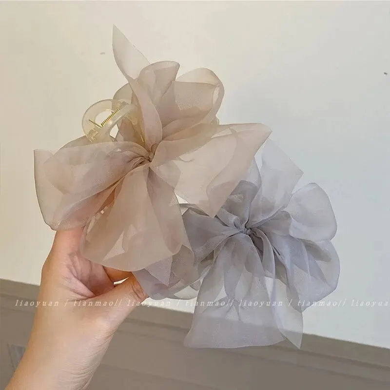 Fashion Mesh Tulle Large Bow Grab Clip Elegant Retro Female Net Yarn Ponytail Braid Claw Clip Hair Accessories Gift Headdress