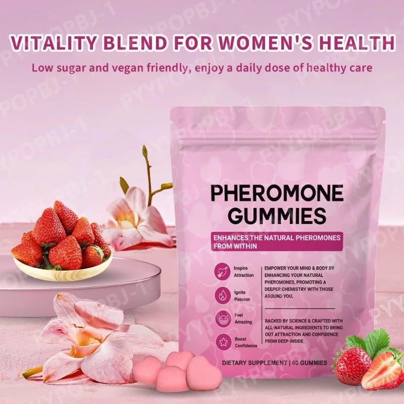 Strawberry Flavor Heart-shaped Pheromone Gummies for Women's Health Feminine Balance Gummies Daily Nutrient Support 60 Gummies