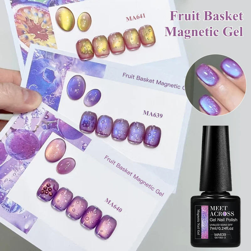 MEET ACROSS Guava & Grape Color Cat Magnetic Gel Green Glass Bead Cat Eye Gel Soak Off UV Gel Nail Art Varnish Salon Home DIY