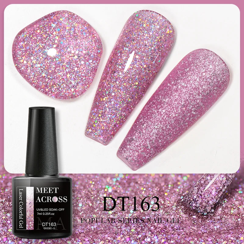 MEET ACROSS 7ml 140 Colors Glitter Gel Nail Polish Fluorescent Laser Semi Permanent Soak Off Nail Art UV Gel Varnish Manicure