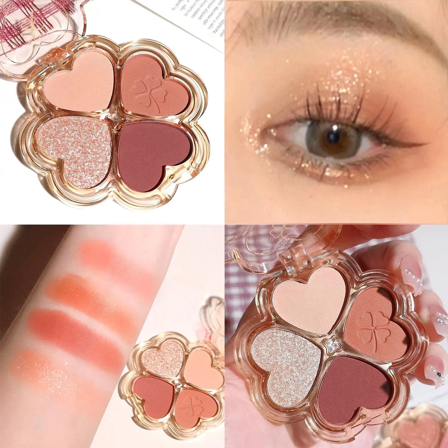 Lucky Clover Eyeshadow Palette, Daily Earthy Color, Fine Glitter, Pearlescent Matte, Pure Lust Four-Color Eyeshadow Palette