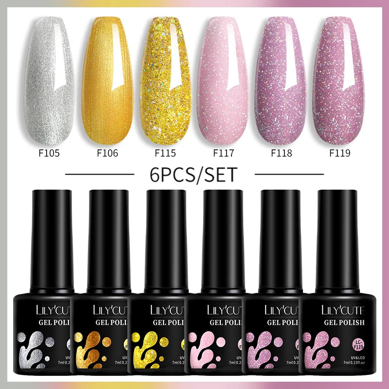 LILYCUE 6Pcs/Set Red Nude Glitter Gel Nail Polish Gorgeous Full Coverage Soak Off UV Gel Nail Art Base Top Coat Gel Polish Kits