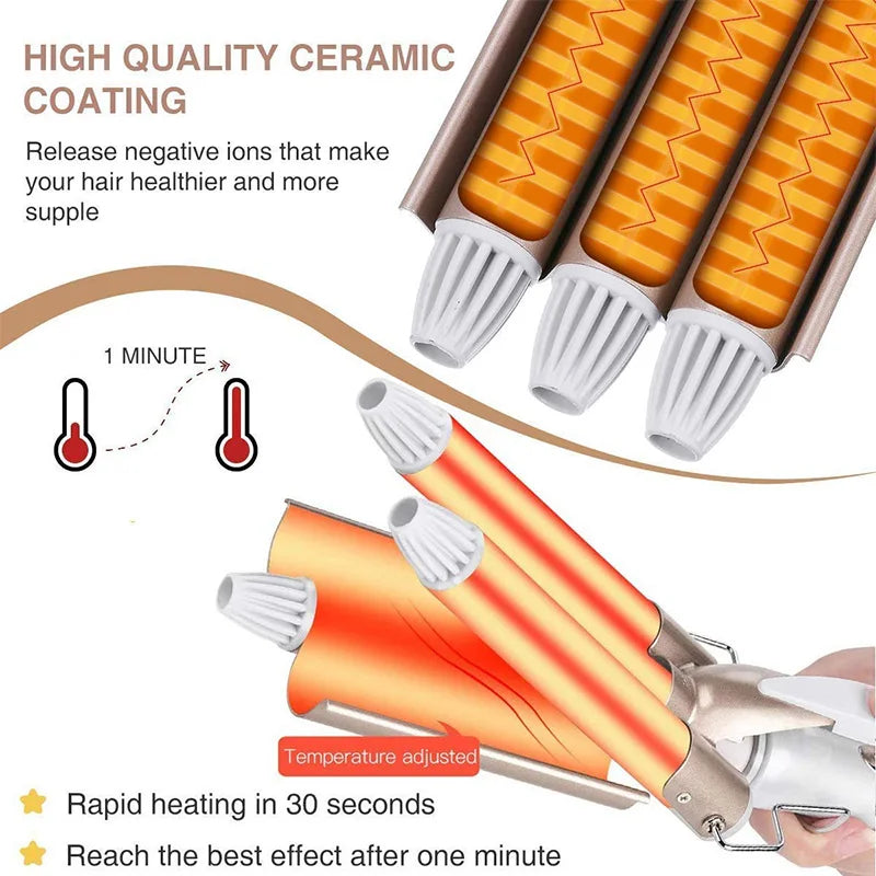 Professional Triple Barrel Hair Curling Iron Big Waver Styling Ceramic Coating PTC Fast Heating Hair Crimping Curler Tongs