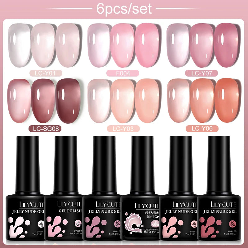LILYCUE 6Pcs/Set Red Nude Glitter Gel Nail Polish Gorgeous Full Coverage Soak Off UV Gel Nail Art Base Top Coat Gel Polish Kits