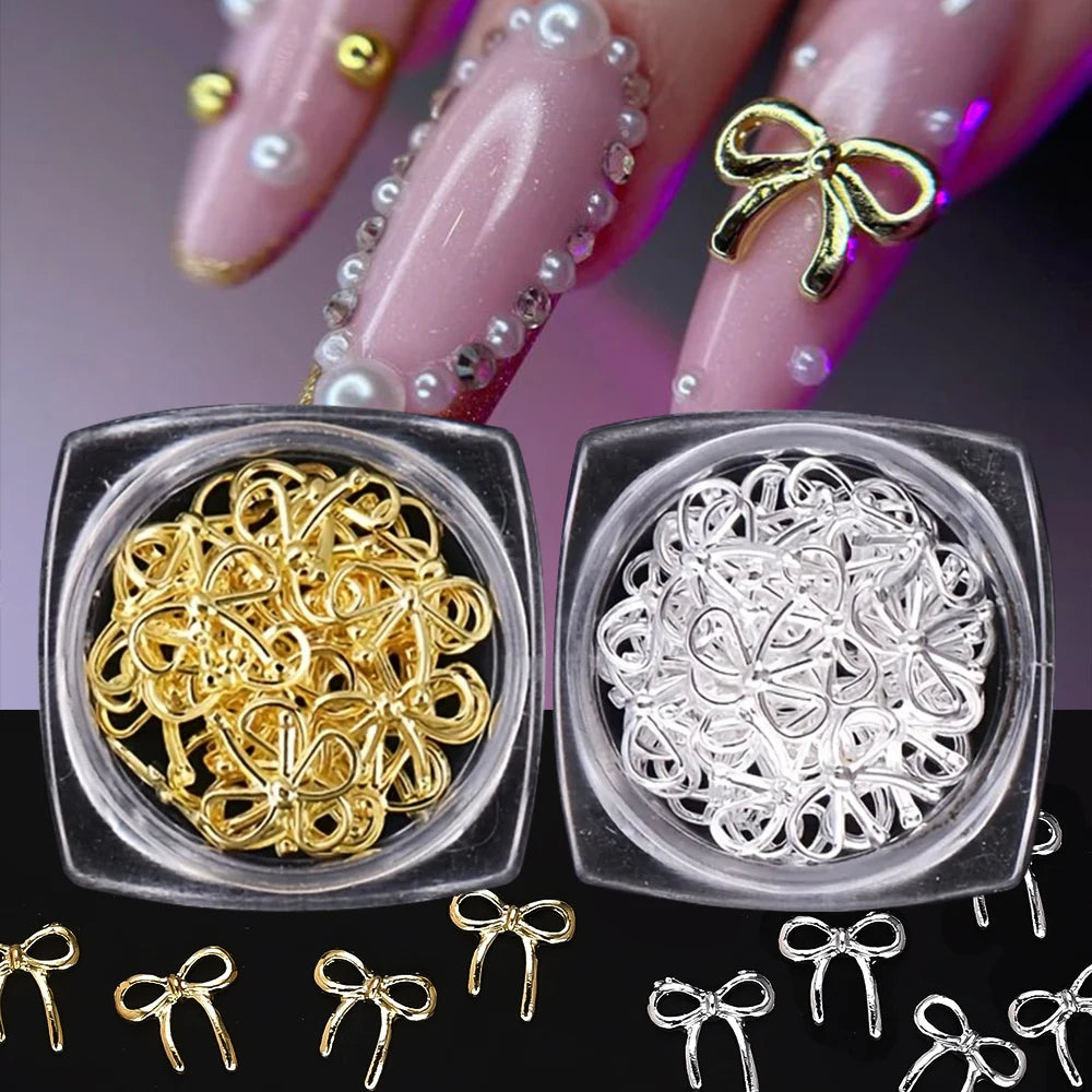 30pcs Gold Alloy Bowknot Nail Art Decoration Charms 3D Luxury Y2K Bow Nail Art Supplies DIY Christmas Press On Nail Design Suppl
