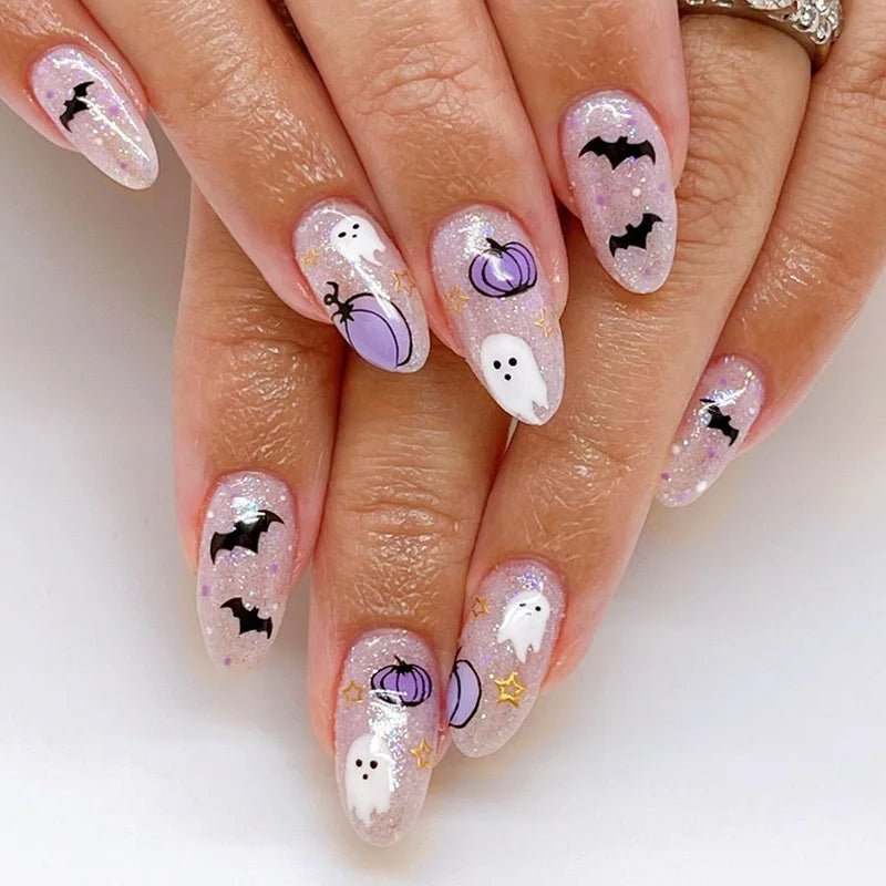 24pcs Halloween Blood French Fake Nail Tips Sweet Cool Bat Skeleton Pattern Round Almond Press on Nails Spider Web False Nail