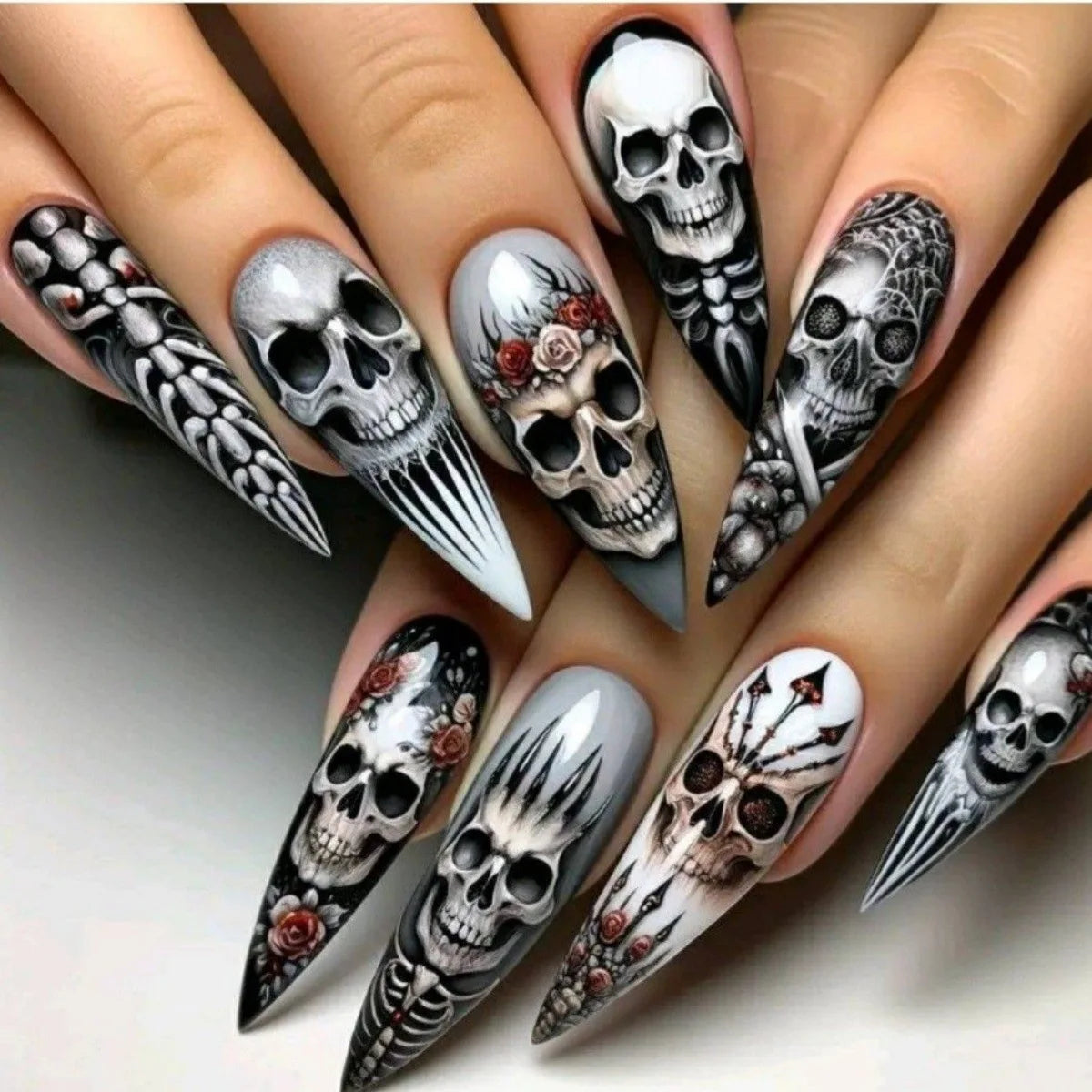 24pcs Nude Color False Nails For Halloween Blood Stained Jade Bone Long Pointed Press On Nails Acrylic Material Party Fake Nail