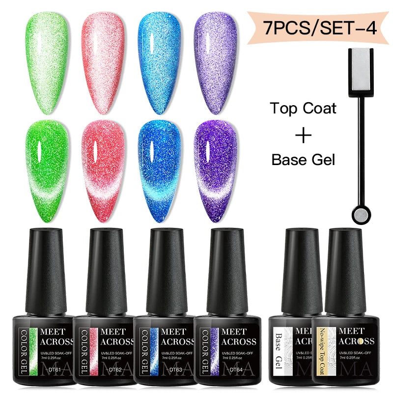 MEET ACROSS 7Pcs/Set Cat Magic Magnetic Gel Nail Polish Sparking Semi-Transparent Sea Blue Effect Soak Off UV Gel Varnish Kit