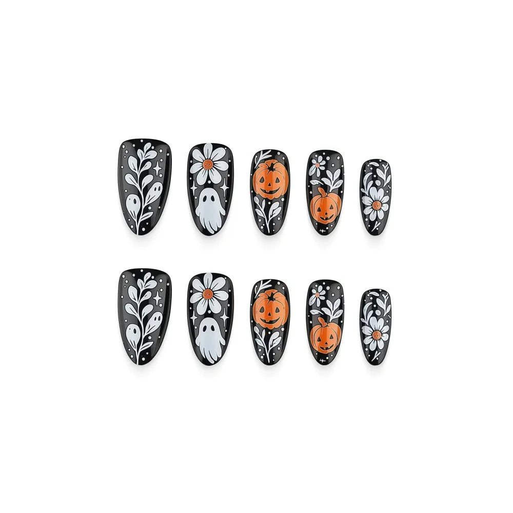 24pcs Halloween Press on Nails Sweet & Cool Jack-o'-Lantern Fake Nail Short Almond Cute & Cuddly Ghost False Nail for Women&Girl