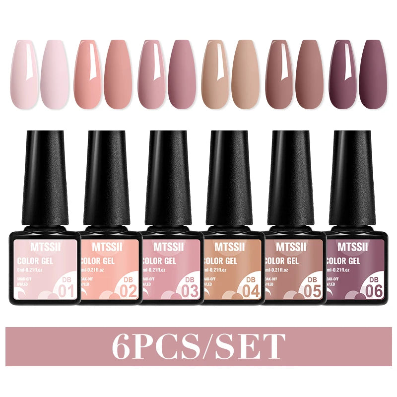 Mtssii 6PCS/Set Sparkly Nude Pink Gel Nail Polish Glitter Semi Permanent Nail Art LED UV Soak Off Gel Varnish Nail Supplies