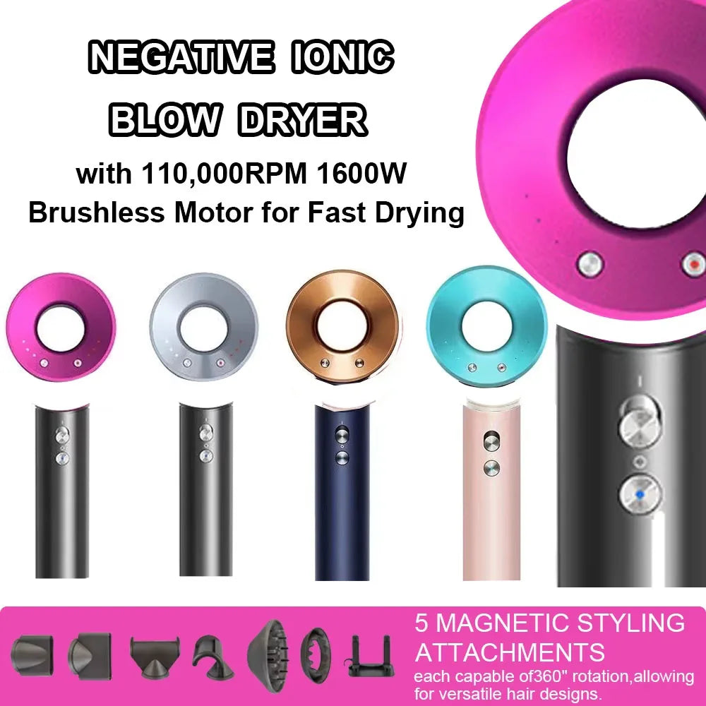Leafless constant temperature hair dryer for personal hair care and styling; home professional hair style accessories kit (5+1)