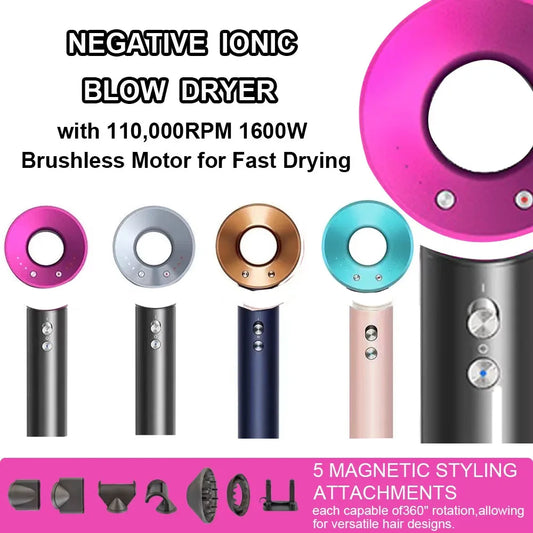 Leafless constant temperature hair dryer for personal hair care and styling; home professional hair style accessories kit (5+1)