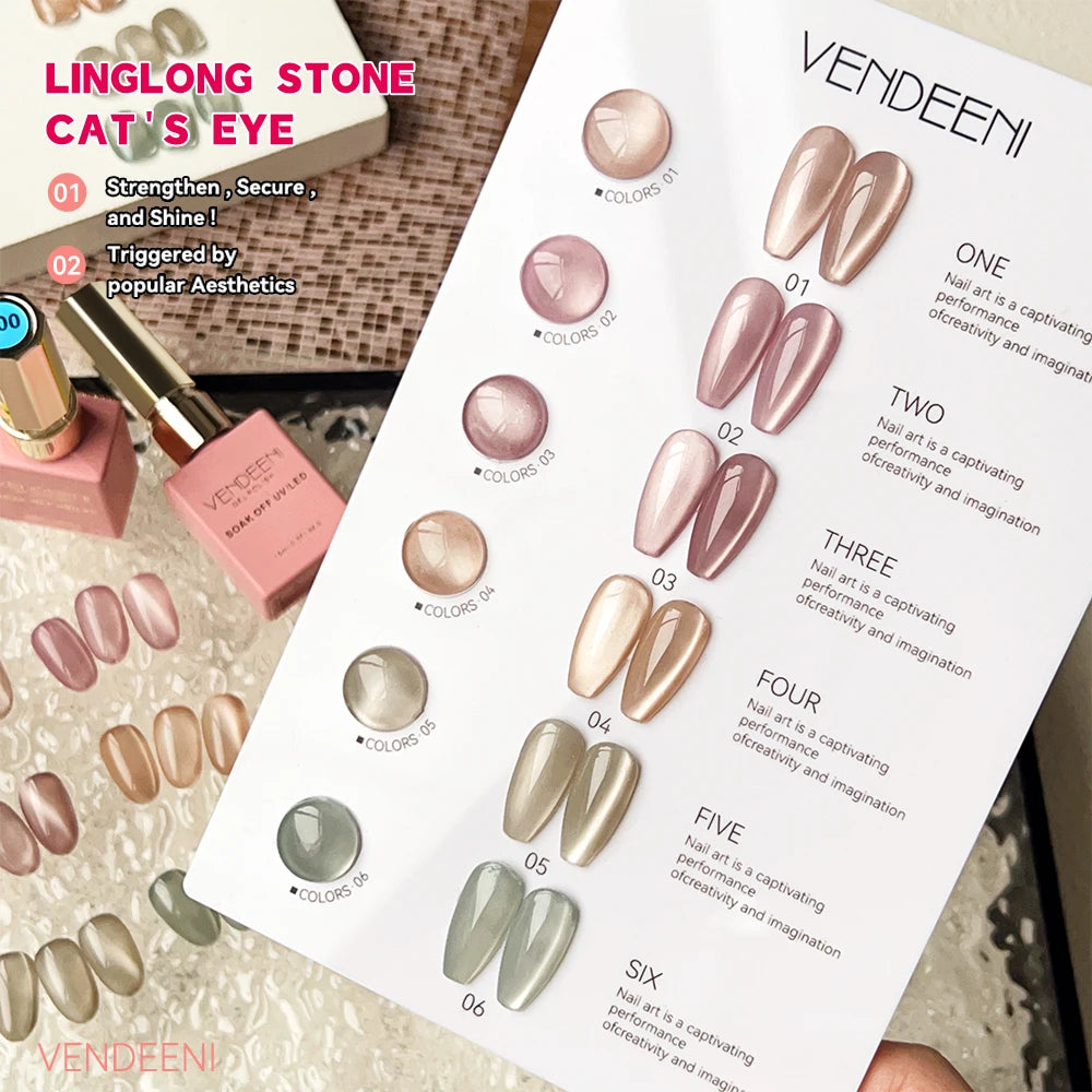Vendeeni 6 Colors Magnetic Cat Eye Gel Nail Polish Set Pink UV LED Soak Off Gel Varnish Crystal Cat Eye Gel Lacquer With Display
