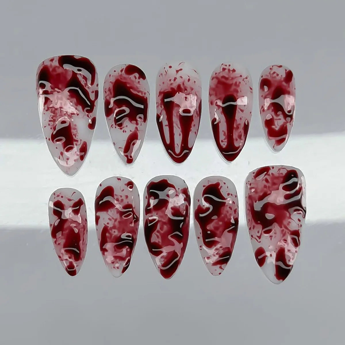 24pcs Halloween Blood French Fake Nail Tips Sweet Cool Bat Skeleton Pattern Round Almond Press on Nails Spider Web False Nail