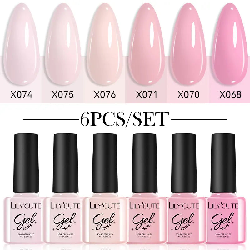 LILYCUE 6Pcs/Set Red Nude Glitter Gel Nail Polish Gorgeous Full Coverage Soak Off UV Gel Nail Art Base Top Coat Gel Polish Kits