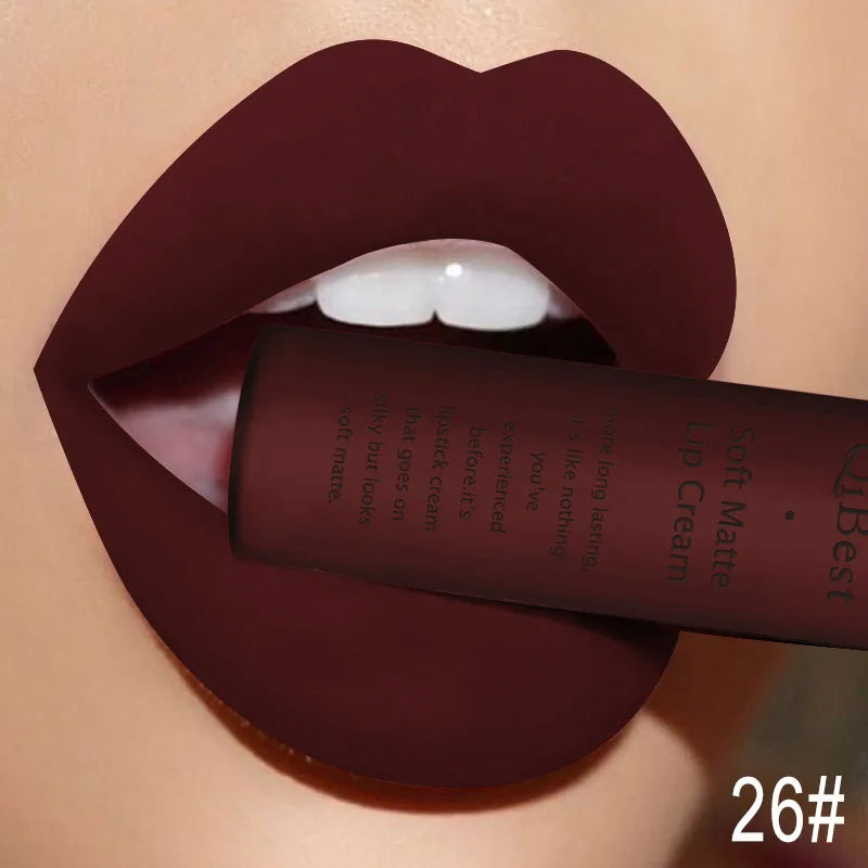 QIBEST Matte Liquid Lipstick Waterproof Lasting Velvet Lip Gloss Tint Tube Nude Pigment Red Black Purple Orange Lipsticks Makeup