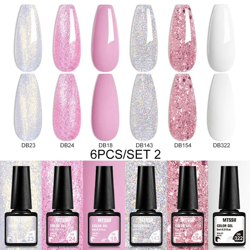 Mtssii 6PCS/Set Sparkly Nude Pink Gel Nail Polish Glitter Semi Permanent Nail Art LED UV Soak Off Gel Varnish Nail Supplies