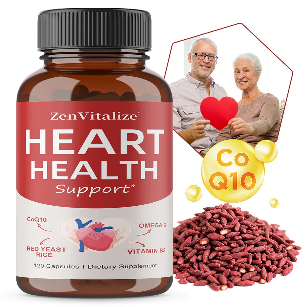 Heart Health Support Supplement - CoQ10, Omega 3, Red Yeast Rice, Vitamin B3, Promotes Healthy Cholesterol Levels - Non-GMO