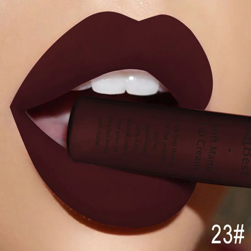 QIBEST Matte Liquid Lipstick Waterproof Lasting Velvet Lip Gloss Tint Tube Nude Pigment Red Black Purple Orange Lipsticks Makeup
