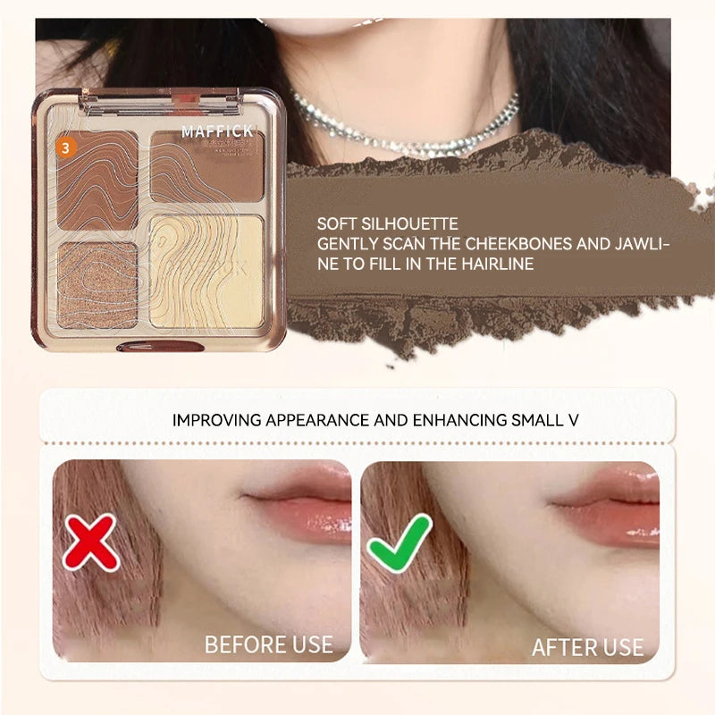 MAFFICK 4-Color Contour Palette:Matte Brightener, and Shimmer Highlight-Versatile Multi-Use Palette for Eye Shadow, Contouring,