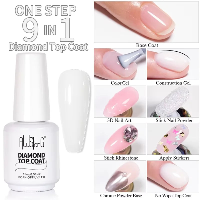 AWStorG 15ML Super Top Coat  Function Gel No Wipe Matte Top Gel Transparent Soak Off  UV LED NailArt Manicure Gel Varnish Primer