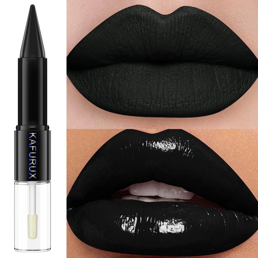 Black Matte 2 In 1  Double Head Lipstick Lip Coat Set Waterproof Coat 24HR Korean Makeup Gifts High Pigment Lip Tint Plumper