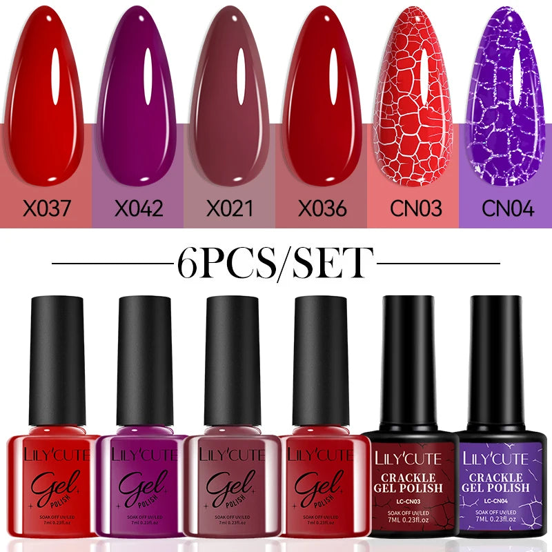 LILYCUE 6Pcs/Set Red Nude Glitter Gel Nail Polish Gorgeous Full Coverage Soak Off UV Gel Nail Art Base Top Coat Gel Polish Kits