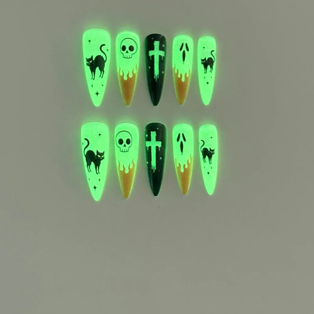 96Pcs Luminous Halloween Press On Nails Stiletto Ghost Skull Spider False Nail Acrylic Nail Art Cosplay Costume Party Night Club
