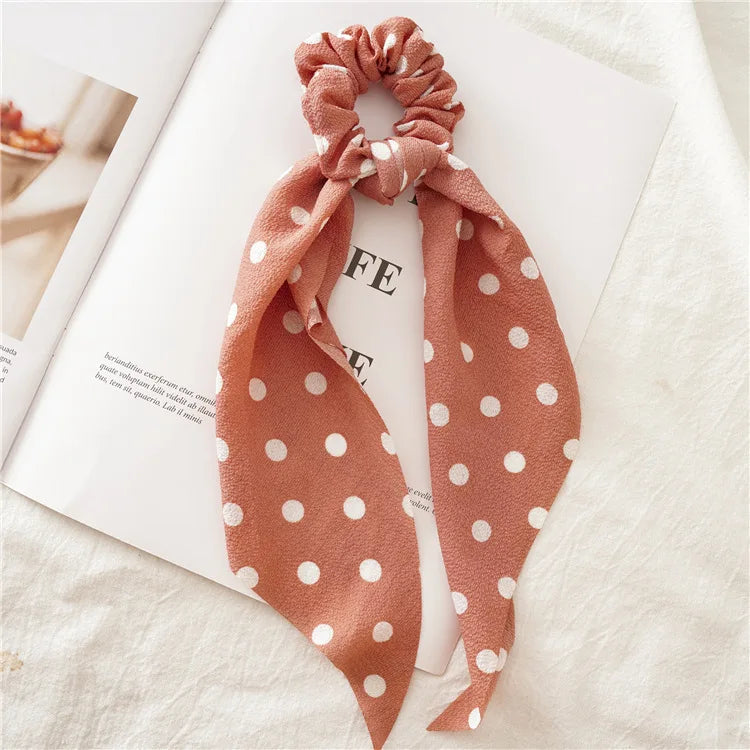 2023 Fashion Print Chiffon Long Ribbon Scrunchies Women Girls Ponytail Scarf Elastic Hair Bands Ties Hair Accessories Wholesale