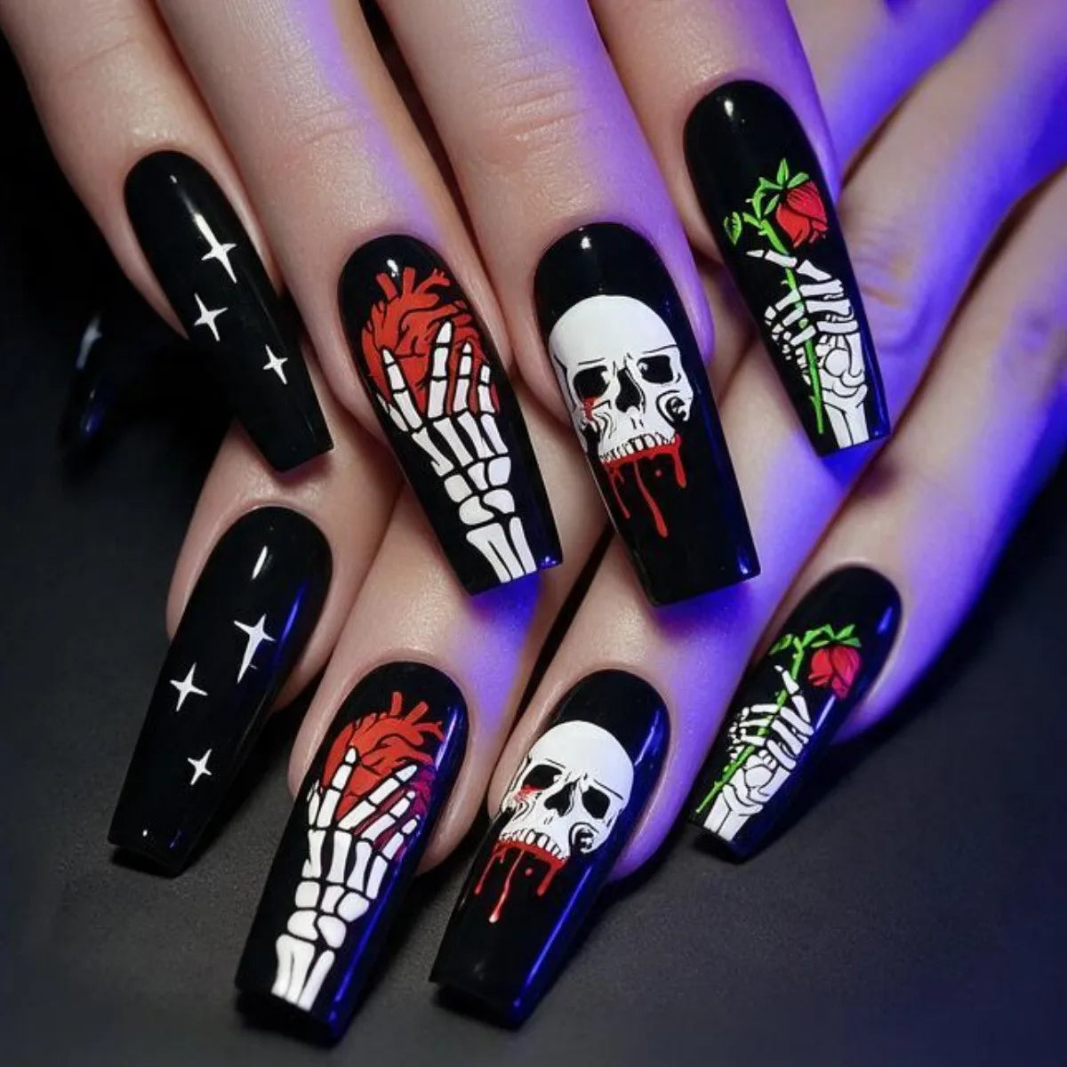 24pcs Glitter Pink Sequins Fake Nails 2025 Halloween Scary Skull Love Print False Nails Wearable European Ballet Press on Nails