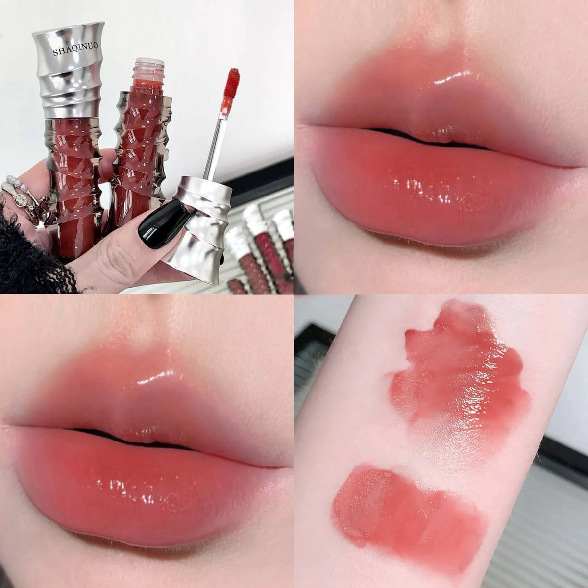 Crystal Punk Red-Brown Glossy Lip Stain Mirror Lip Glaze Sheer Nude Glitter Lip Tint Watery Shine Plumping Makeup Cosmetics