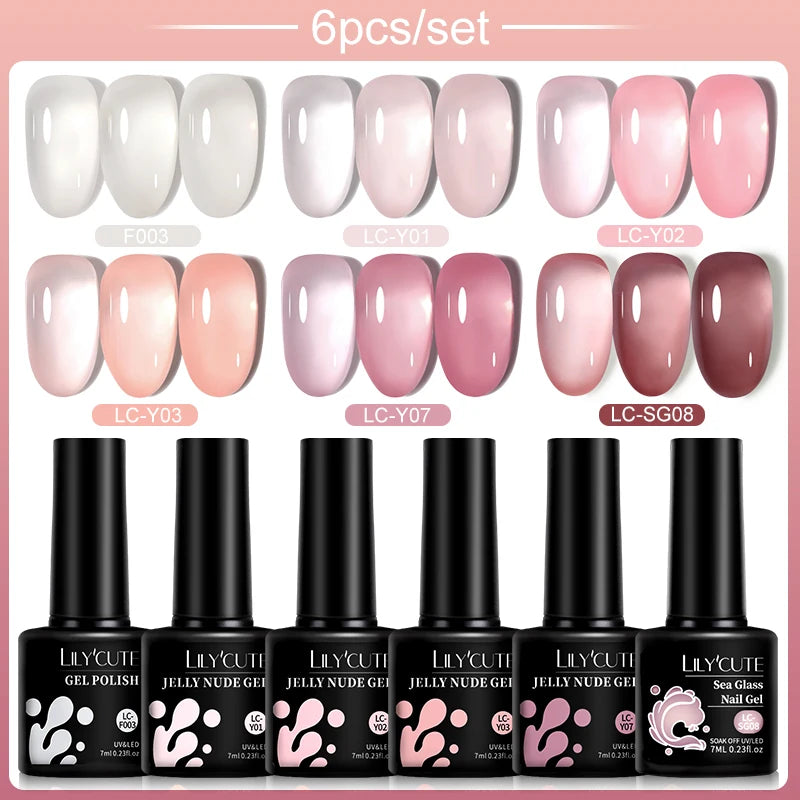 LILYCUE 6Pcs/Set Red Nude Glitter Gel Nail Polish Gorgeous Full Coverage Soak Off UV Gel Nail Art Base Top Coat Gel Polish Kits