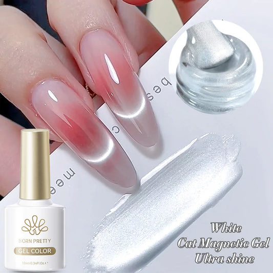 BORN PRETTY 10ml Flow Light White Cat Magnetic Gel Nail Polish Ultra Shine Soak Off UV Gel Mirror Glass Bead Gel Nail Art