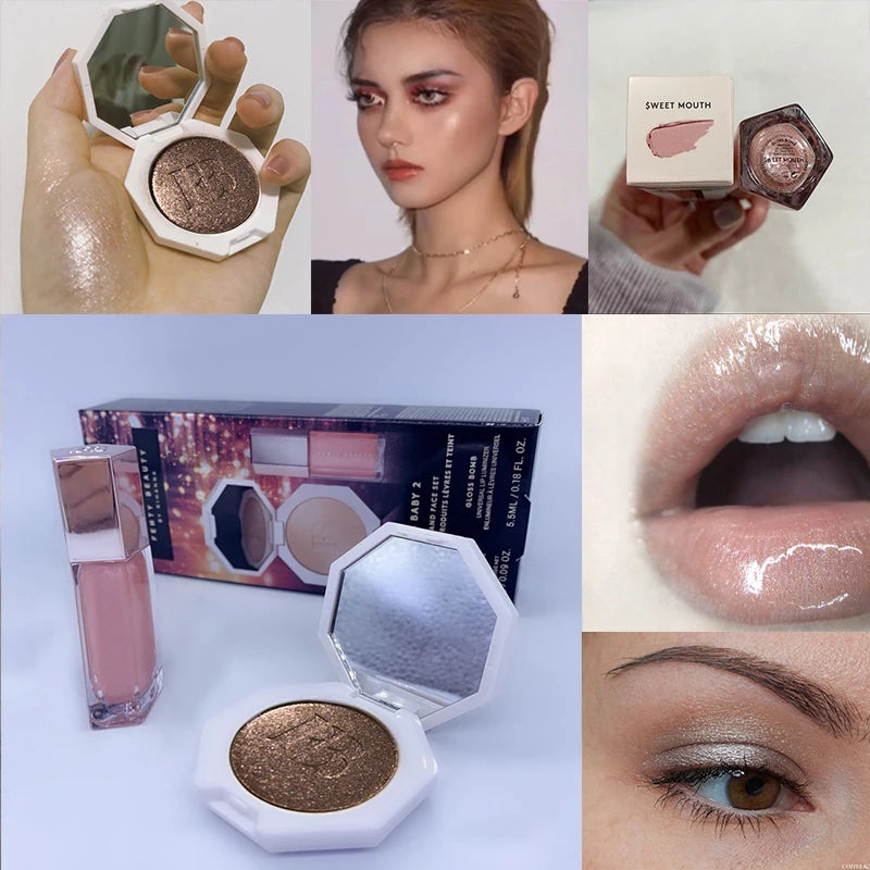 Fenty Diamond Bomb Baby 9ml Universal Lip Gloss and 2.5g Glitter Powder Highlighter Makeup Set for Lips and Face