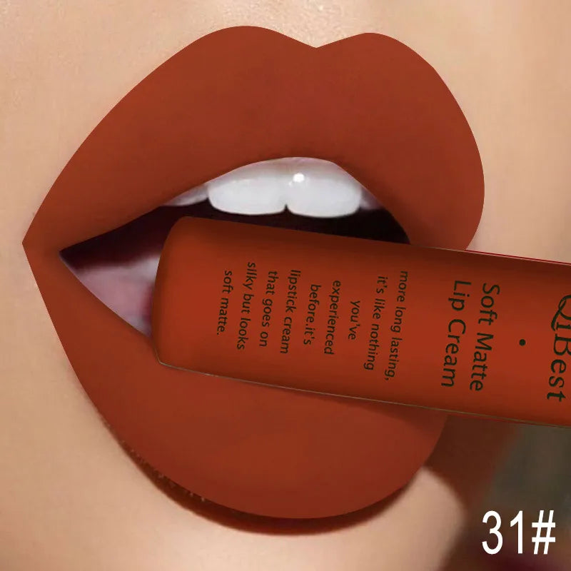 QIBEST Matte Liquid Lipstick Waterproof Lasting Velvet Lip Gloss Tint Tube Nude Pigment Red Black Purple Orange Lipsticks Makeup