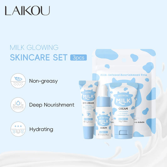 Deep Hydration Milk Skincare Set Softening Serum Gentle Eye Cream Radiant Moisturizing Glowing Trio