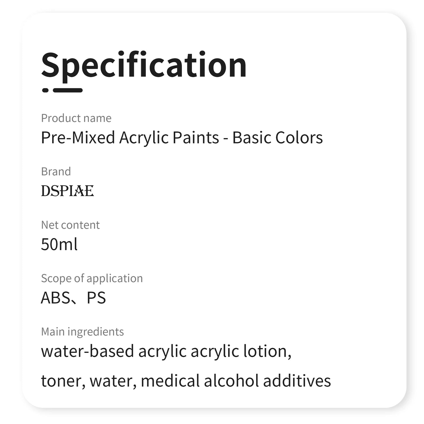 DSPIAE XG Series 50ML Pre Mixed Water Based Paint Basic Color Master Spray Painting Hand Painted Model Kit Pigment for Hobby DIY