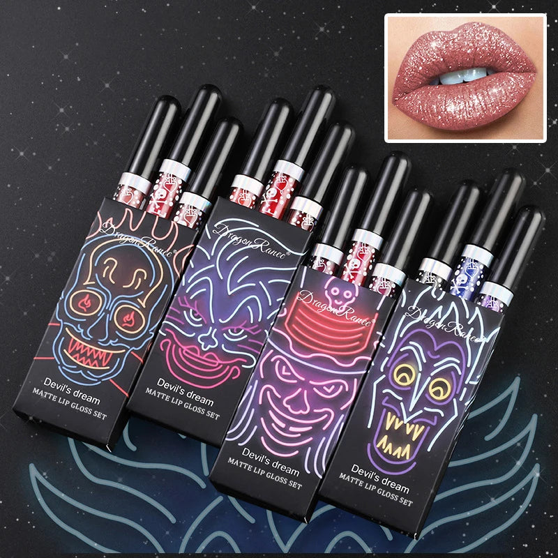 Halloween Lip Gloss Set, 3-Piece Non-Stick Shiny Lipstick, Glittery Purple and Black Lip Colors, Long-Lasting, Non-Transfer