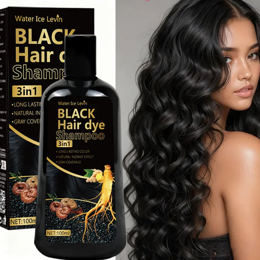 Black Hair Dye Shampoo 3in1 with Ginger & Biotin - Long Lasting Color & Gray Coverage for Vibrant Hair