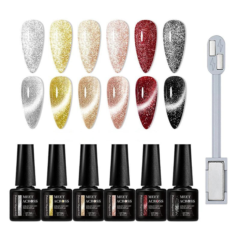 MEET ACROSS 7Pcs/Set Cat Magic Magnetic Gel Nail Polish Sparking Semi-Transparent Sea Blue Effect Soak Off UV Gel Varnish Kit