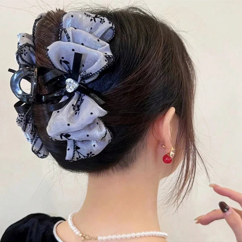 1pc women's multi-color rhinestone heart embellishment mesh bow hair clip double-sided bubble grip clip fluffy hair claw