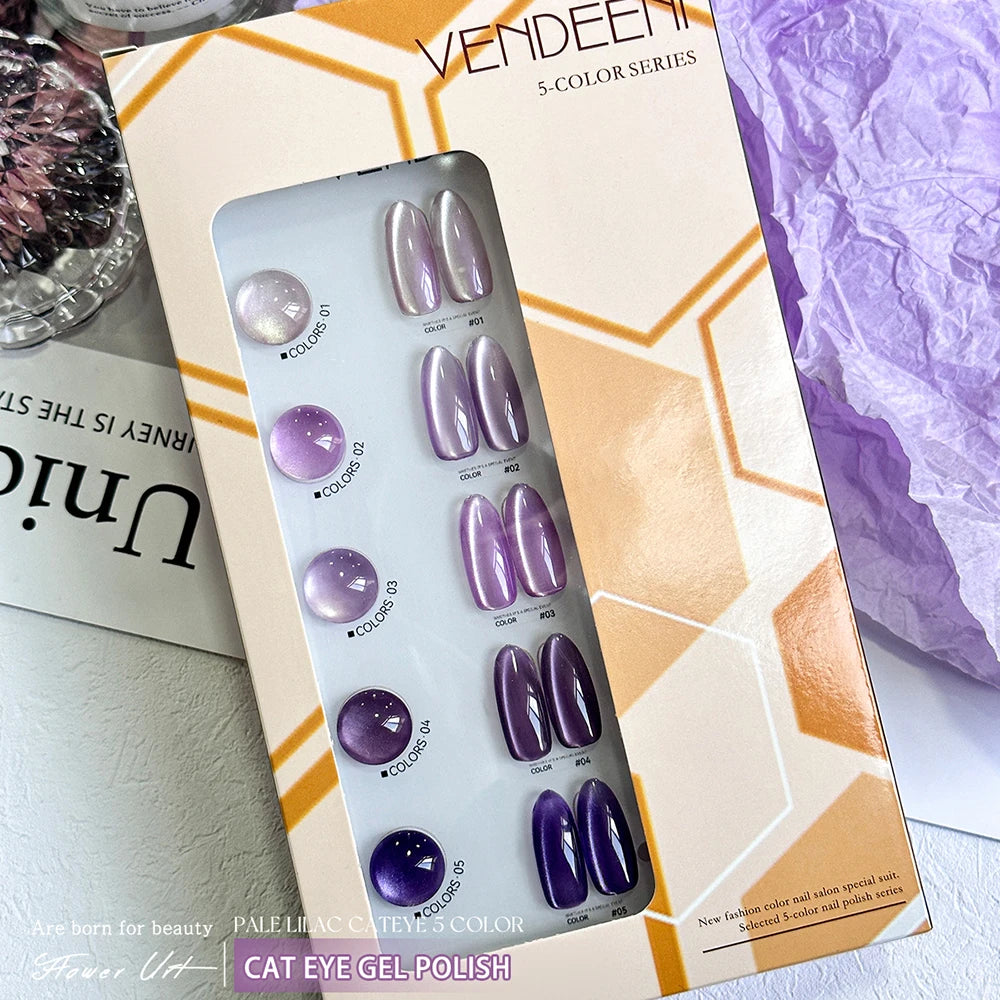 Vendeeni 5 Colors Purple Crystal Cat Eye Gel Nail Polish Set Magnetic UV Soak Off Gel Varnish Lavender Cat Eye Gel With Display