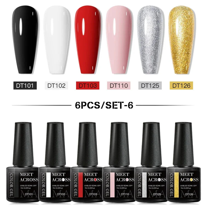 MEET ACROSS 6Pcs Gel Nail Polish Set Pink Red Green Macaron Color Manicure Kit For Nails UV Gel Nail Art Varnish Nail Supplies