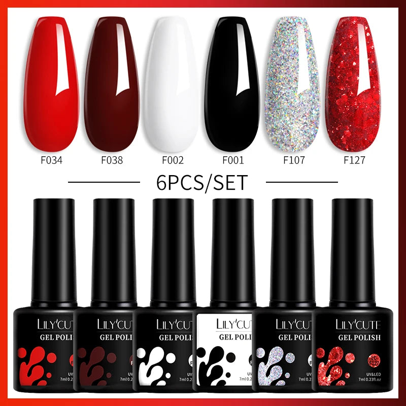 LILYCUTE 6PCs/Set Gel Nail Polish Set Kit Glitter Nail Gel Sequin Vernis Semi Permanent For Manicure Varnish UV LED Nail Art Gel