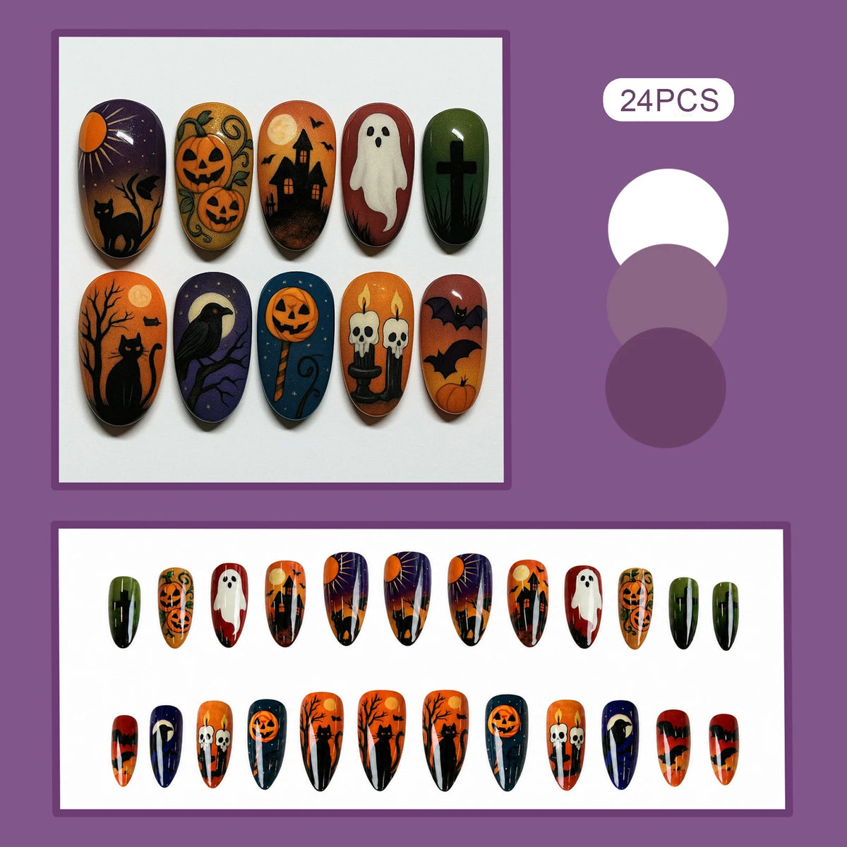 24pcs Halloween Style Press On Nails Dusk Series Glossy Almond False Nails With Horror Pumpkin Ghost Black Cat Designs Fake Nail