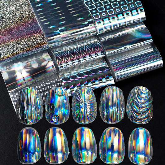 10pcs Holographic Chrome Silver Nail Art Foil Transfer Stickers Irridescent Rainbow Geometric Aurora Laser Nail Foils Decoration